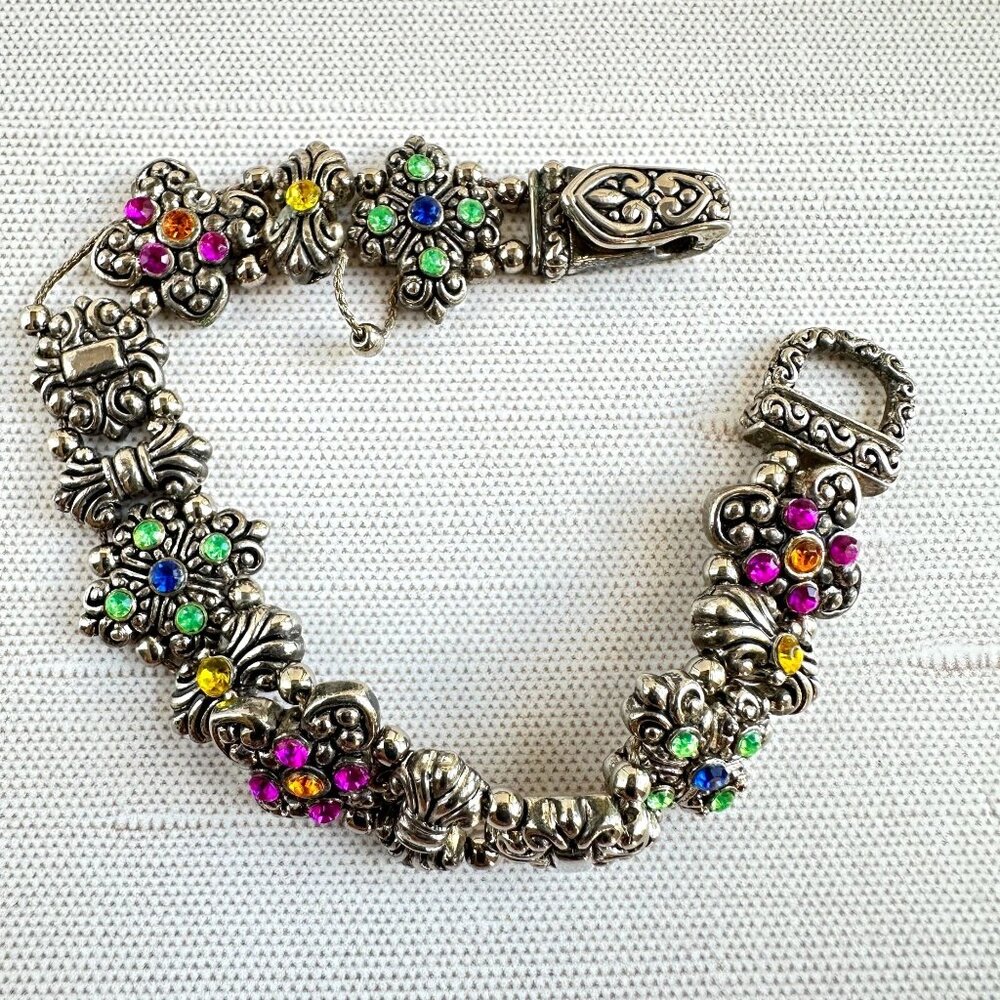 Vintage Silver Tone Slide Bracelet W/Fold Over Magnetic Clasp & Rhinestones